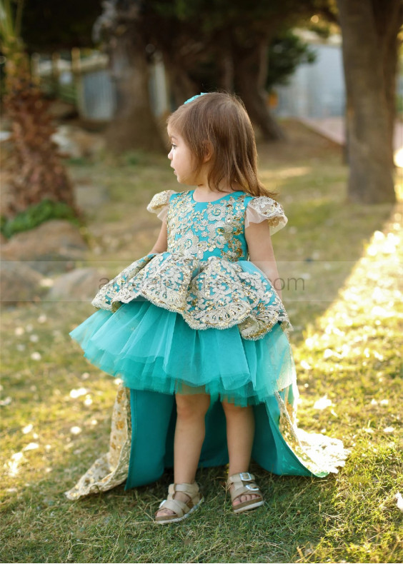 Cap Sleeves Turquoise High Low Flower Girl Dress